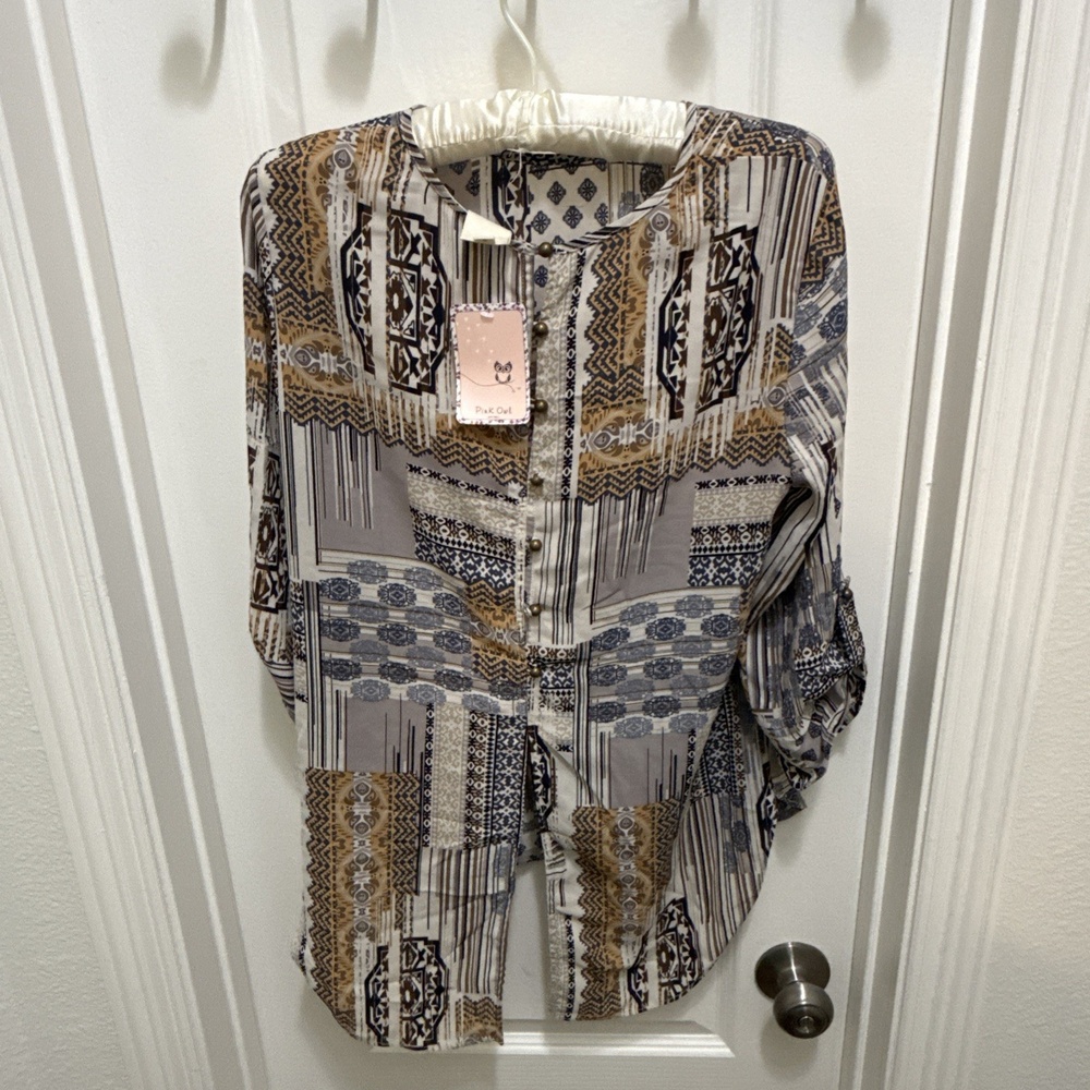 Pink Owl Womens Small Semi Sheer Boho 3/4 Sleeve Blouse Small
